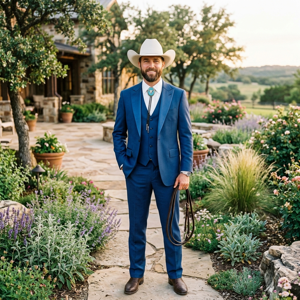 Man in a sharp blue 3-piece western suit