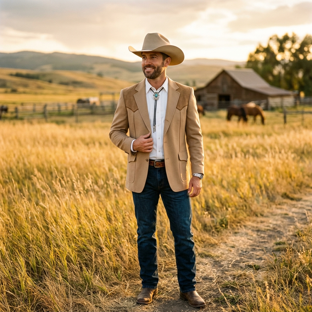 Man in a tan western sport coat and cowboy hat