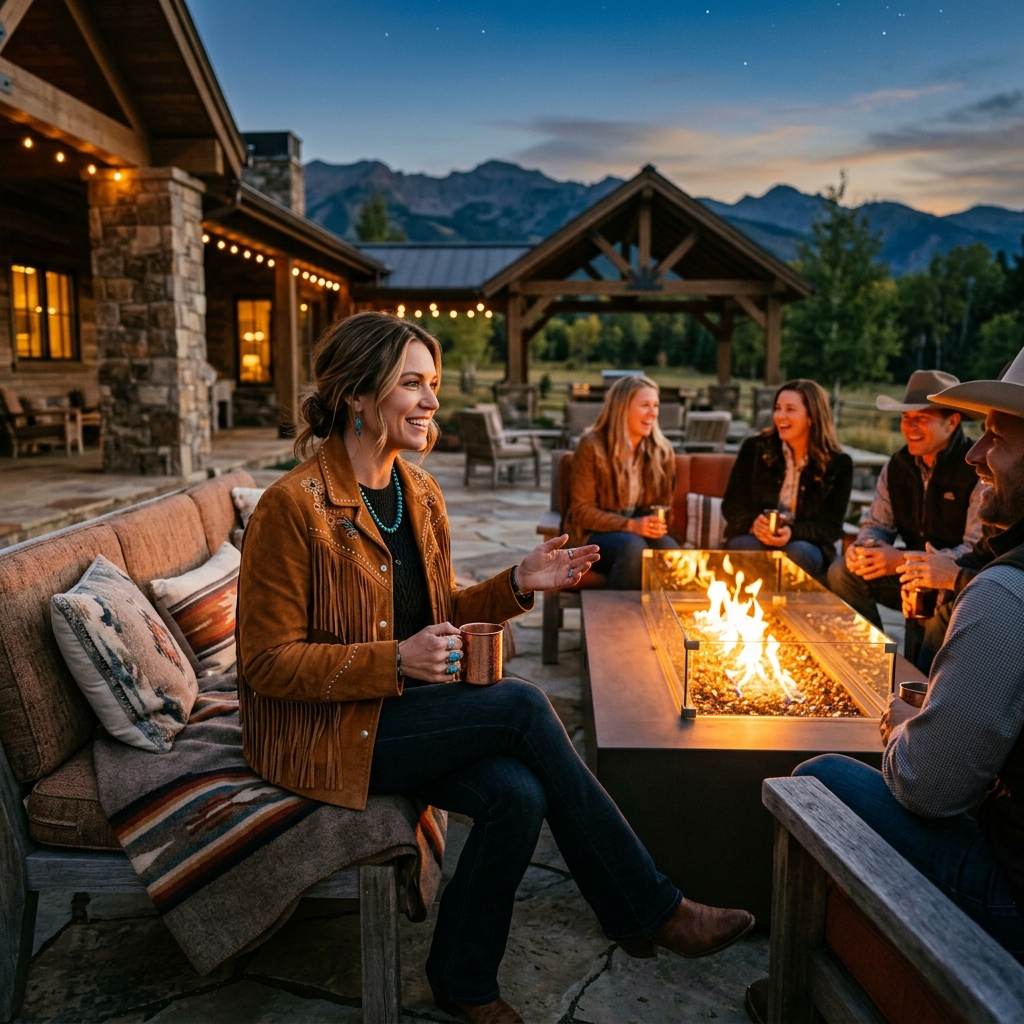 Women in suede jackets by the campfire