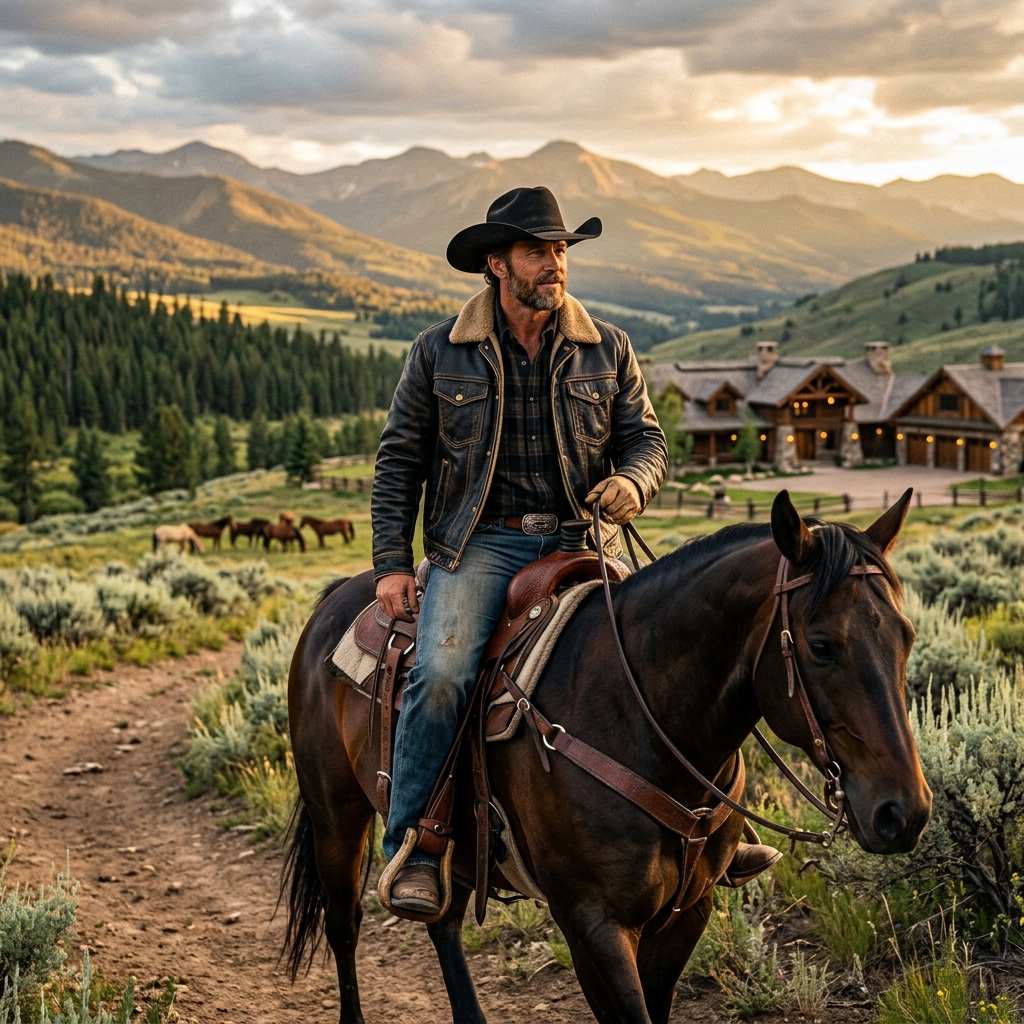 Cowboy on horseback in leather jacket