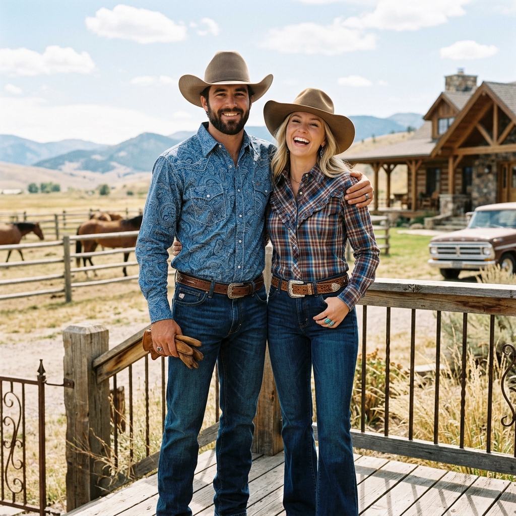 Couple in pearl snap western shirts